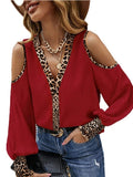 Leopard Long Sleeve V-Neck Off Shoulder Button Blouse Silver Sam