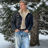 Men's Denim Jean Jacket in Black with Inner Faux Fur