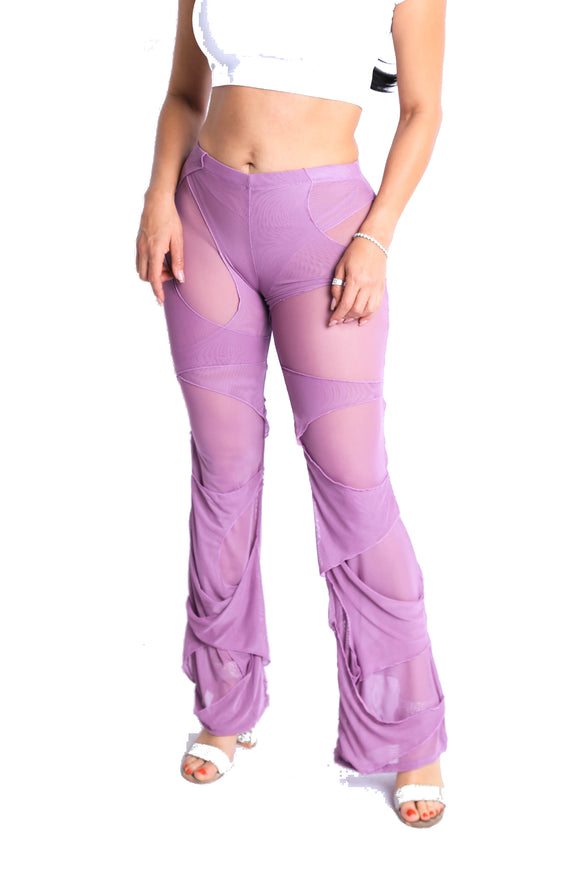 Bell Bottom Yoga Layered Mesh Flared Leg Pants Leggings Lavender