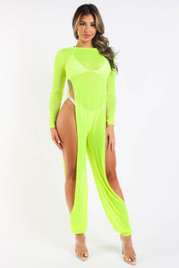 Sexy Mesh Cover Up Jumpsuit Summer Bodycon Beachwear NEON YELLOW Puce Juniper