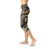 Women's Black Marble w/ Gold Splash Capri Leggings