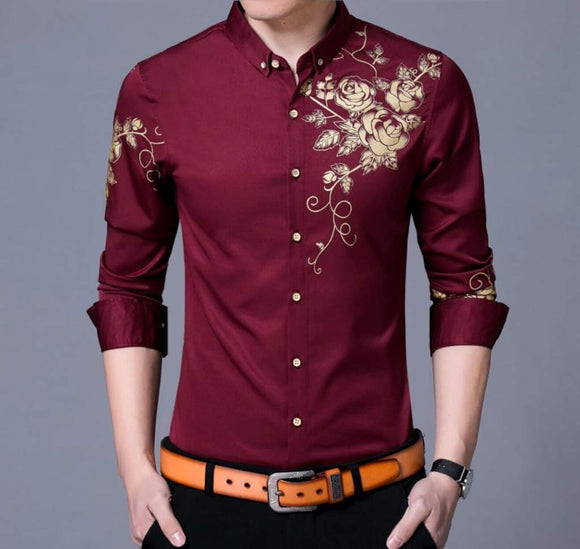 Men's Slim Fit Long Sleeve Floral Shirt Yellow Pandora