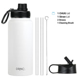 DRINCO® 32oz Stainless Steel Water Bottle (3 lids) - Artic White