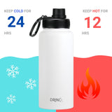 DRINCO® 32oz Stainless Steel Water Bottle (3 lids) - Artic White