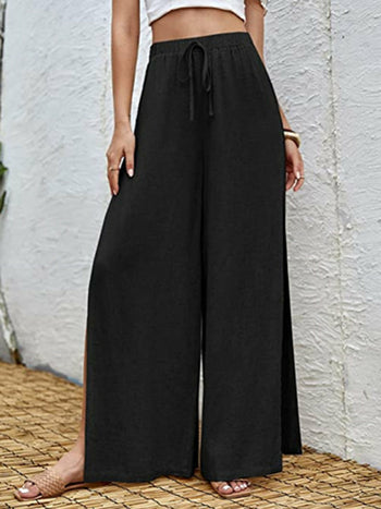 Sexy Cotton Linen Drawstring High Waist Side Slit Pants