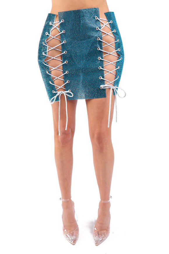 Full Rhinestones 4 Sides Lace Up Mini Skirt