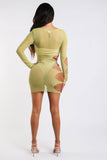 Sexy Cut Out Detailed Long Sleeve Mesh Sheer Dress CHARTREUSE Puce Juniper