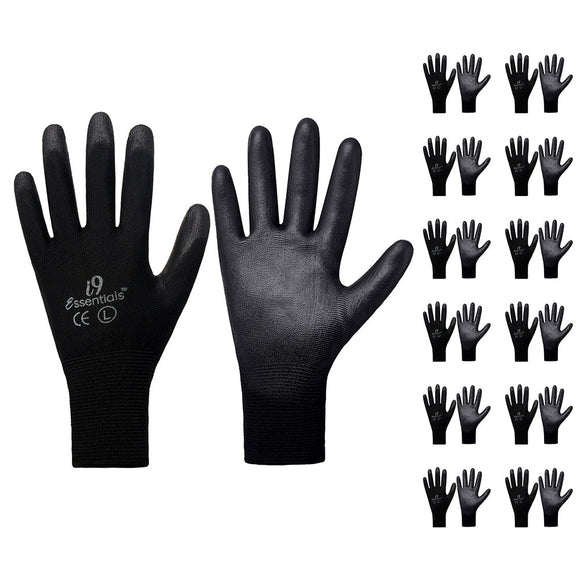 12 Pair PU-Coated | Safety Work Gloves | Ultra-Light | Black | L