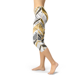 Women's White Marble w/ Black Gold Lines Capri Leggings