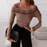 Long Sleeve Rib Knitted Patchwork Embroidered Lace Blouse Silver Sam