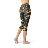 Women's Black Marble w/ Gold Splash Capri Leggings