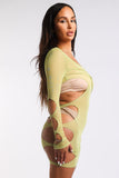 Sexy Cut Out Detailed Long Sleeve Mesh Sheer Dress CHARTREUSE Puce Juniper