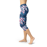 Women's Blue Tropical Leaf Capri Leggings