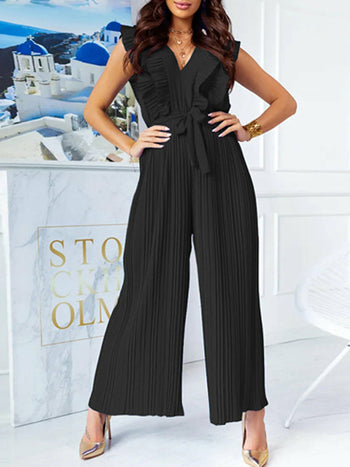 Waist Lace-up Belt Jumper V Neck Ruffles Layered Office Overall