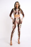Swirl Print Mesh Contrast Top & Matching Pants