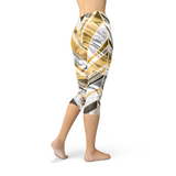 Women's White Marble w/ Black Gold Lines Capri Leggings