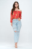 Off-Shoulder Printed Crop Top with Long Sleeves Indigo Arrowwood