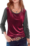 Dark Blue Round Neck Color Block Velvet Pleated Long Sleeve Top