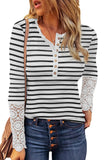 Lace Striped Splicing Hollow-out Button Long Sleeve Top