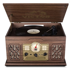 Victor State 7-in-1 Wood Music Center with 3-Speed Turntable and Dual