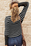 Lace Striped Splicing Hollow-out Button Long Sleeve Top