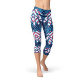 Women's Blue Tropical Leaf Capri Leggings