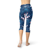 Women's Blue Tropical Leaf Capri Leggings