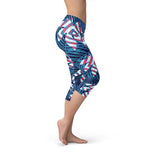 Women's Blue Tropical Leaf Capri Leggings