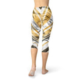 Women's White Marble w/ Black Gold Lines Capri Leggings