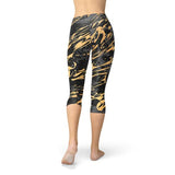 Women's Black Marble w/ Gold Splash Capri Leggings
