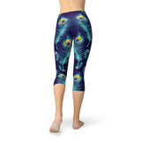 Women's Blue Peacock Feathers Capri Leggings