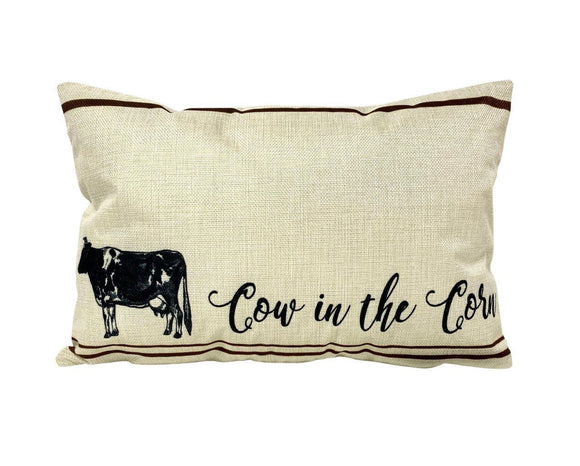 Cow in the Corn | Pillow Cover | 18 x 12 | Primitive Decor | Vintage Maroon Abderus