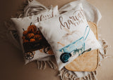 Give Thanks | Pumpkin Wagon Pillow | Farmhouse Pillows | Country Decor Maroon Abderus