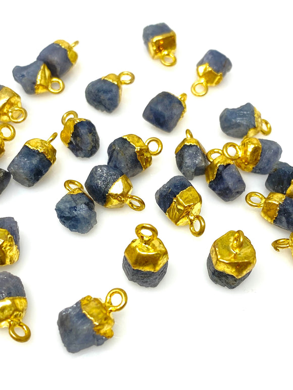 10 Pcs Raw Blue Sapphire Gemstone Charms, Rough Gold Electroplated Sap