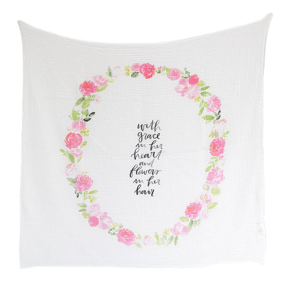 Peony Blooms - Organic Swaddle Blanket Blue Thalassa