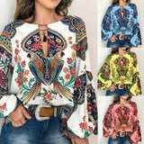 Floral V-Neck Long Lantern Sleeve Blouse