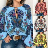 Floral V-Neck Long Lantern Sleeve Blouse
