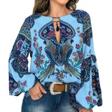 Floral V-Neck Long Lantern Sleeve Blouse