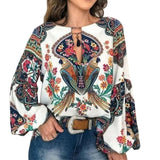Floral V-Neck Long Lantern Sleeve Blouse