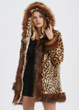 Womens Leopard Print Hooded Faux Fur Collar Jacket Yellow Pandora
