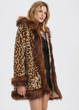 Womens Leopard Print Hooded Faux Fur Collar Jacket Yellow Pandora