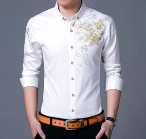 Men's Button Front Shirt with Floral Design Yellow Pandora