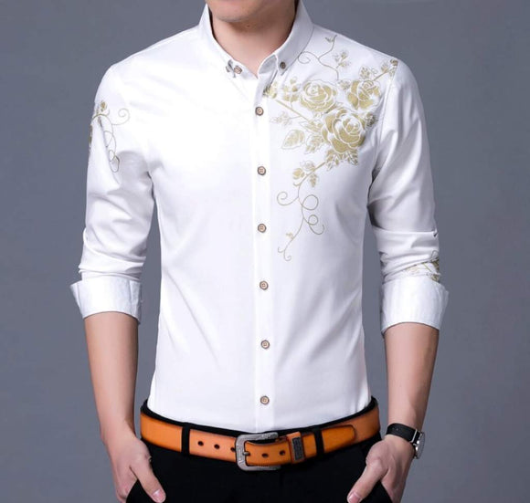 Men's Button Front Shirt with Floral Design Yellow Pandora