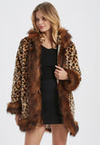 Womens Leopard Print Hooded Faux Fur Collar Jacket Yellow Pandora